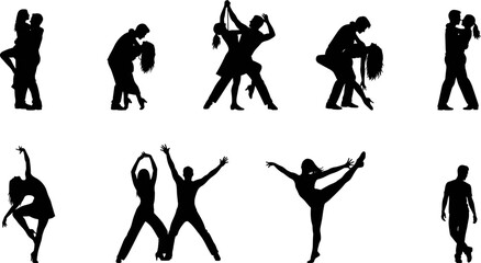 Fototapeta premium Vector set of dancing couple silhouettes, romantic man and woman pairs, ballroom tango poses, contemporary solo dancers, isolated black figures design elements collection.