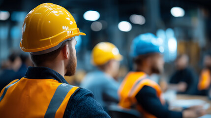 Faceless construction workers in safety gear attending training session classroom setting focusing on safety protocols job skills education workplace learning defocused