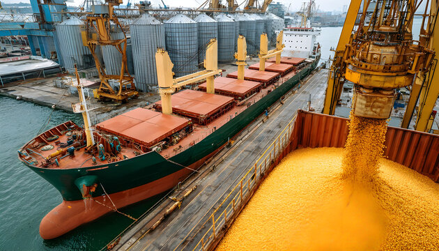 Close view of ship loading grain crops on bulk freighter via trunk to open cargo holds at silo terminal in seaport. Cereals bulk transshipment to vessel. Transportation of agricultural products.