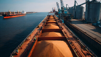Close view of ship loading grain crops on bulk freighter via trunk to open cargo holds at silo terminal in seaport. Cereals bulk transshipment to vessel. Transportation of agricultural products.