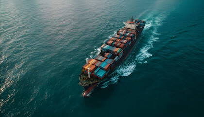 Aerial view container ship carrying container in import export business logistic and transportation of international by container ship in the open sea