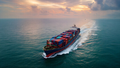 Obraz premium Aerial view container ship carrying container in import export business logistic and transportation of international by container ship in the open sea
