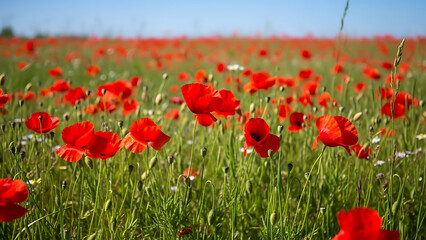 A vibrant field of red poppies swaying gently in the breeze