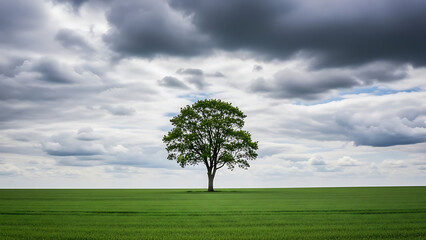 A solitary tree stands in a lush green field under a cloudy sky