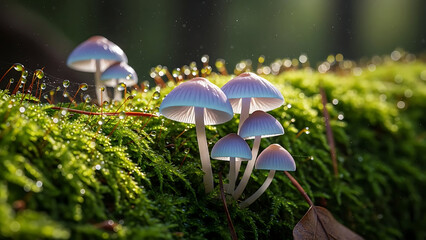 A cluster of small mushrooms growing on green moss in a forest