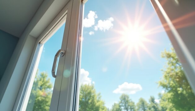 Open window frames bright sunny sky with sun flare and green trees. Sunlight streams indoors through modern clean glass. Concept for eco living energy savings.