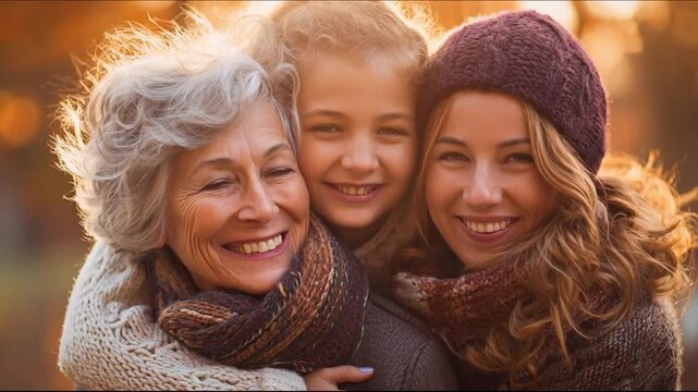 Portrait of happy three generations of women hugging and smiling outdoors in autumn park at sunset