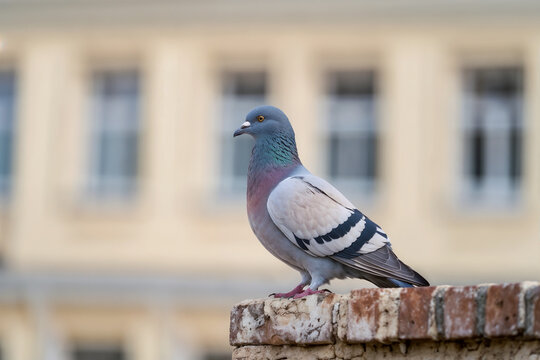 A common grey feral pigeon standing on a red brick wall, showcasing iridescent neck feathers and black wing bars against a blurred city building background.