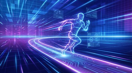 Digital runner man with data stream for sports analysis. Human performance evaluation in virtual reality. Futuristic fitness and technology concept.