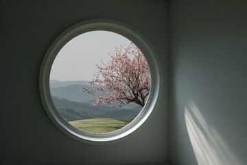 View of a cherry blossom tree from a round window in a simple room overlooking green hills
