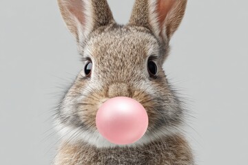 Rabbit blowing bubble gum in a simple indoor setting with a light background on a clear day
