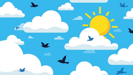 Obraz premium Cheerful sunny sky with fluffy clouds and soaring birds for a refreshing ambiance