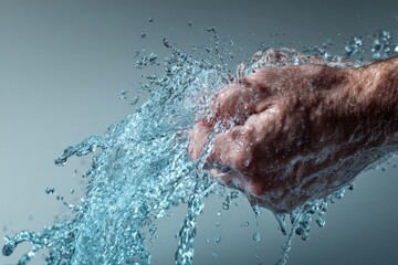 Fototapeta premium Water splashes from hand holding liquid with strong grip in indoor setting during daytime with gray background