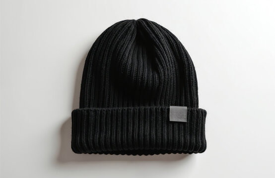 Black ribbed knit beanie hat with simple tag lies flat on white background. This unisex winter accessory offers warmth and casual style for any outfit. Perfect mockup for branding or fashion designs.