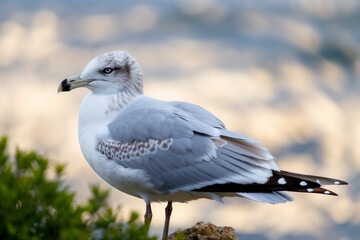 Obraz premium A close-up profile view of a white and grey seagull standing on a rock, featuring distinctive spotted patterns on its wings and tail, set against a blurred coastal background.