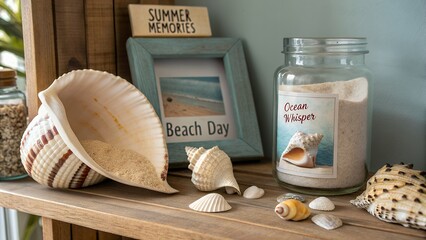 Beach themed decor with seashells and ocean whispers
