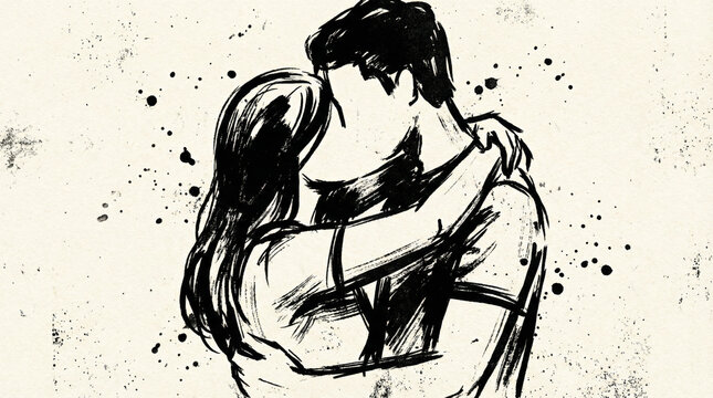 Artistic black ink sketch of a romantic couple kissing with expressive splatters