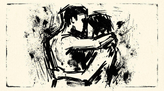 Artistic black ink sketch of a romantic couple kissing with expressive splatters