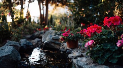 Obraz premium Colorful Pink Geraniums in Garden with Water Stream and Rocks in Natural Setting