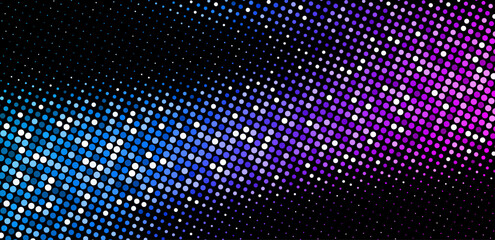 Diagonal halftone pattern with a blue to pink gradient on black background. Vector illustration.