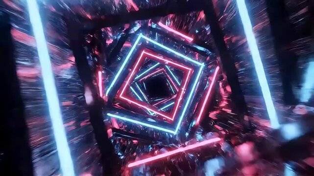 Abstract view of a never ending mirror tunnel with flashing neon lights and geometric structures moving quickly past the camera in a dark void