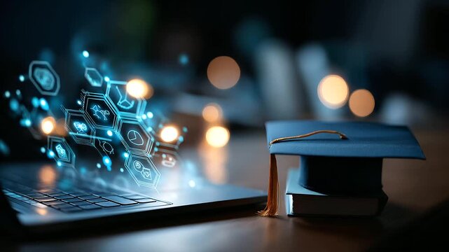 Online education concept with graduation cap and knowledge icons e learning platform interface digital training system virtual classroom visualization educational technology