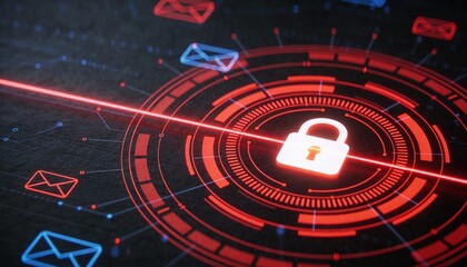 Red Glowing Padlock with Floating Email Icons in Cyber Security Concept. Digital Protection Against Phishing and Spam Attacks. Futuristic HUD Network Safety Background Illustration.
