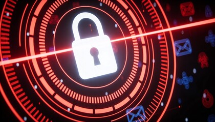Red Glowing Padlock with Floating Email Icons in Cyber Security Concept. Digital Protection Against Phishing and Spam Attacks. Futuristic HUD Network Safety Background Illustration.