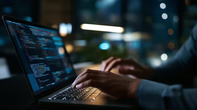 Developer coding with multiple programming languages on laptop Python Java C++ HTML visualization AI development interface DevOps dashboard software engineering platform