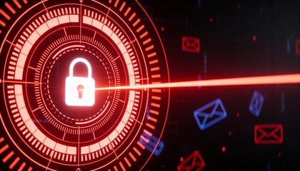Red Glowing Padlock with Floating Email Icons in Cyber Security Concept. Digital Protection Against Phishing and Spam Attacks. Futuristic HUD Network Safety Background Illustration.