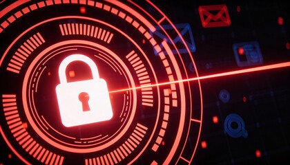 Red Glowing Padlock with Floating Email Icons in Cyber Security Concept. Digital Protection Against Phishing and Spam Attacks. Futuristic HUD Network Safety Background Illustration.
