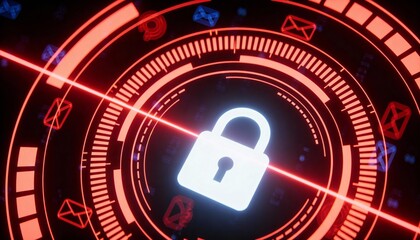 Red Glowing Padlock with Floating Email Icons in Cyber Security Concept. Digital Protection Against Phishing and Spam Attacks. Futuristic HUD Network Safety Background Illustration.