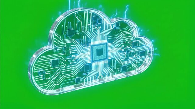 Futuristic cloud computing circuit board with glowing microchip, data lines and electrical sparks isolated on green screen
