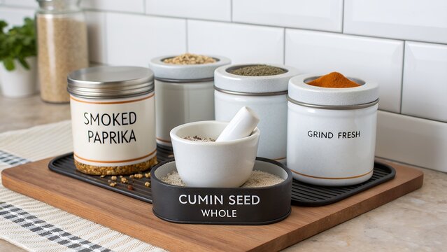 Collection of ceramic spice jars and cumin seed on kitchen counter