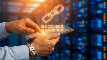 Business planning concept high level blockchain integration message on digital tablet in data center server background for modern finance