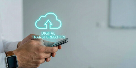Business high level planning concept digital transformation cloud icon over smartphone in hand closeup modern office technology focus