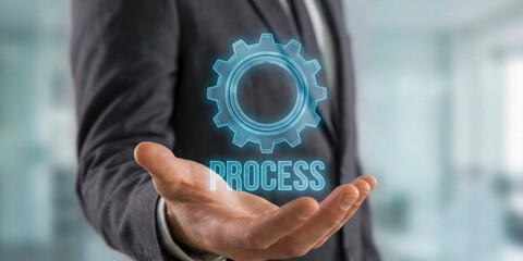 Business high level planning concept gear process icon hologram over hand