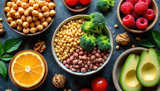 Assortment of plant based foods rich in nutrients are arranged in bowls. Fresh orange slice, avocado halves, raspberries, broccoli florets, chickpeas, and beans displayed on dark surface.