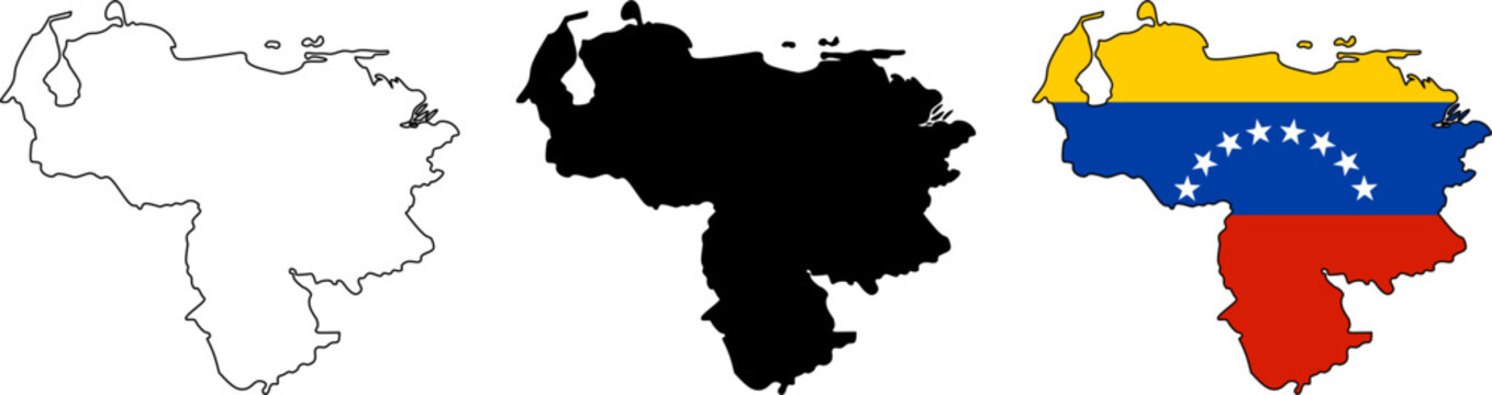 Venezuela map vector set with outline, solid silhouette, and national flag colors. Clean isolated design for education, infographic, geography, travel, and political content.