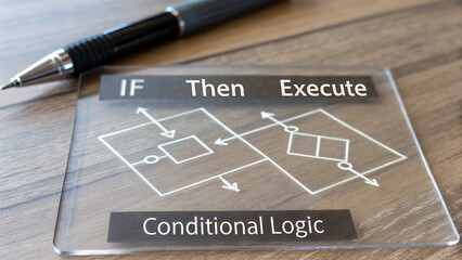 Conditional logic flowchart with pen on wood surface
