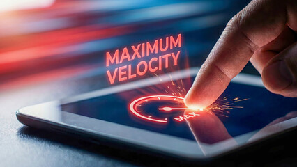 Business high level planning concept digital tablet speed gauge, finger touch sparks energy symbolize maximum velocity and fast technology progress