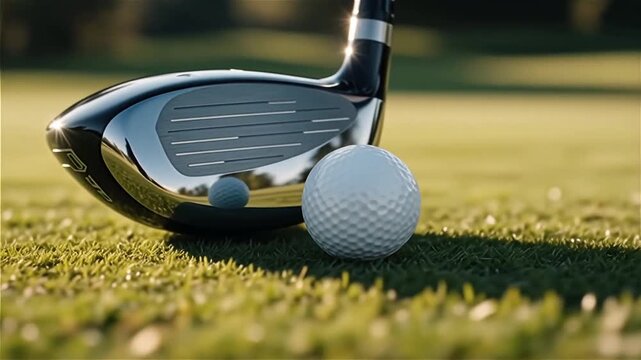 Professional golf club driver and white dimpled ball laying on green grass of golf for sports
