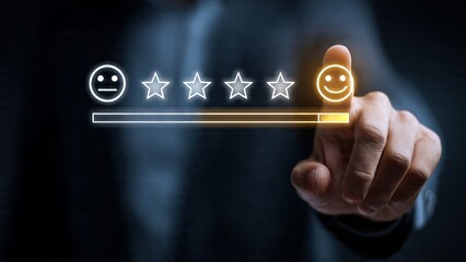 Customer selects a positive five star rating on a digital survey interface.