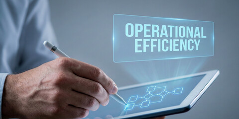 Business planning concept with high level workflow diagram for operational efficiency on digital tablet screen