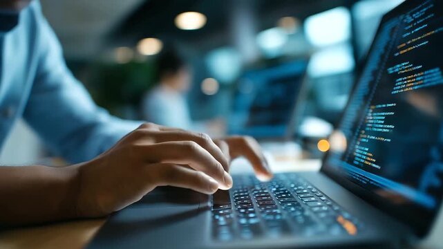 Developer coding with multiple programming languages on laptop Python Java C++ HTML visualization AI development interface DevOps dashboard software engineering platform