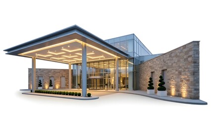 Obraz premium Modern architectural building entrance with illuminated canopy and stone facade.