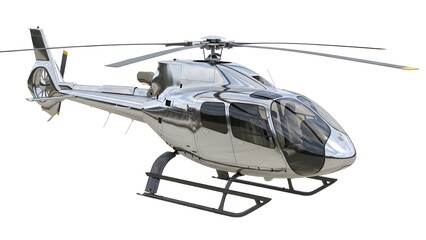 Sleek silver helicopter isolated on white background, ready for transport or adventure.