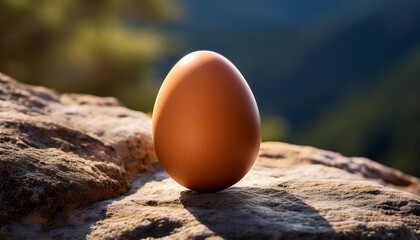 a solitary brown egg is placed on a rugged rock showcasing its smooth texture and subtle speckles under soft lighting