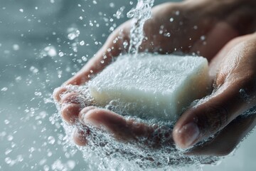Fototapeta premium Hands wash bar soap under running water in a bathroom sink during daytime hours