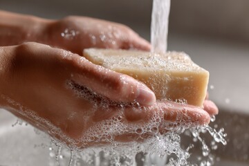 Woman washing hands with soap under running water in a bathroom sink during daytime